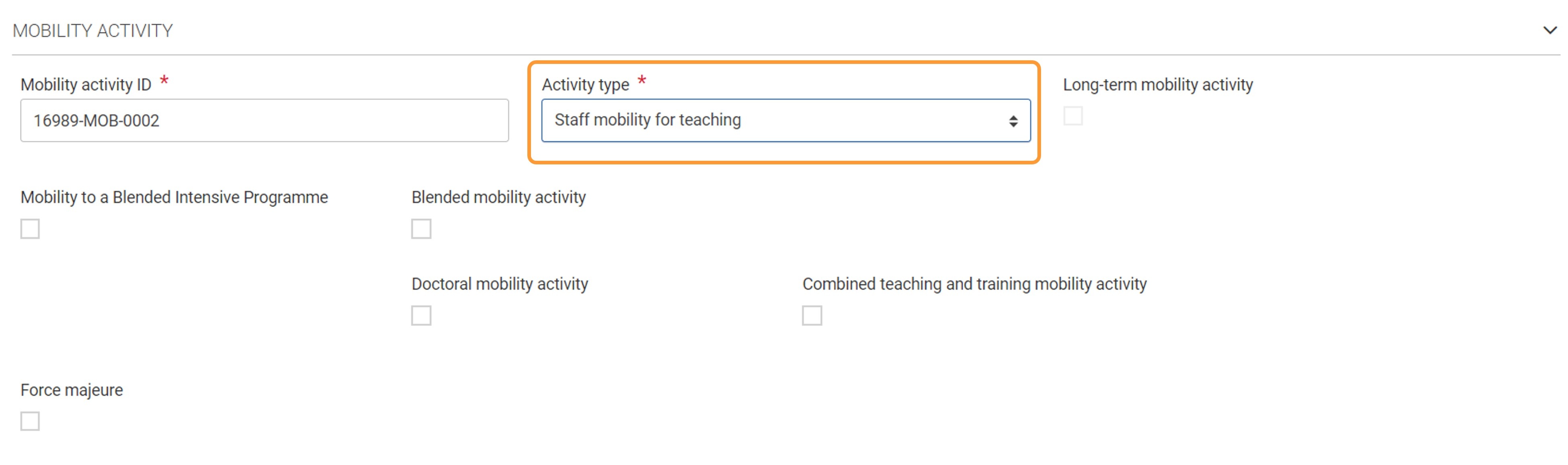 Mobility Activity section including the flags available for a Staff mobility for teaching in a call 2022 project