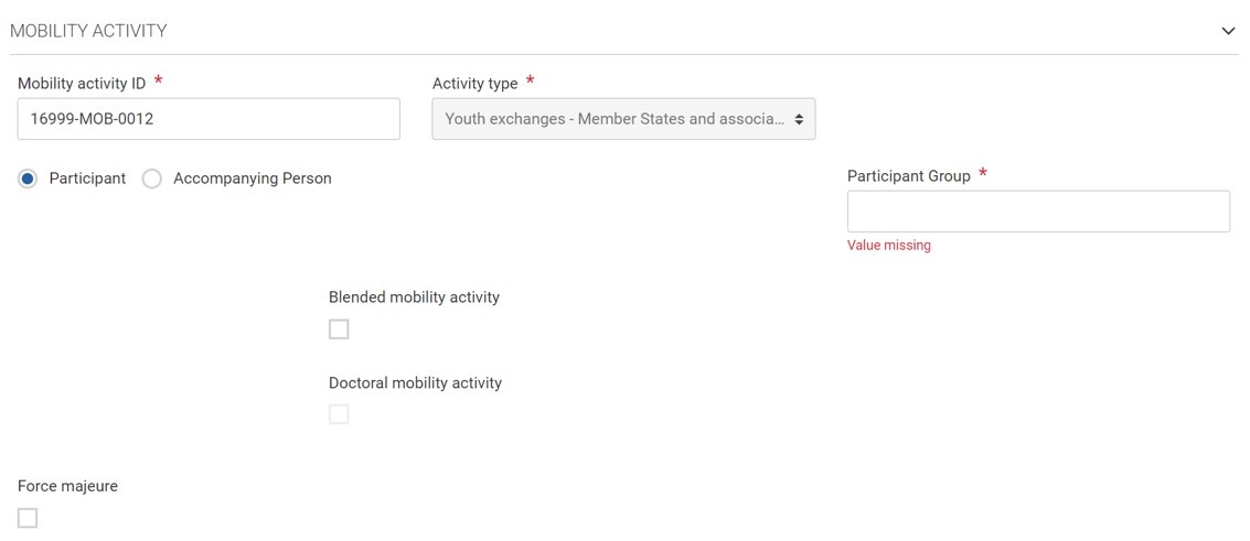 Fill in the Mobility Activity section
