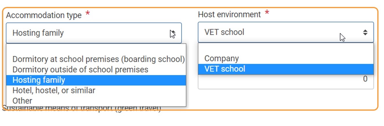Accommodation types and Host environment types in VET projects