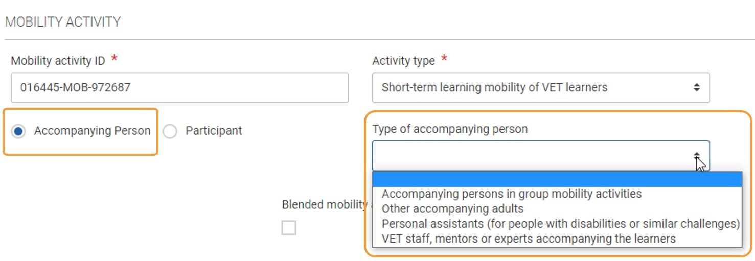 Example of Type of accompanying person drop-down in a KA121 VET project