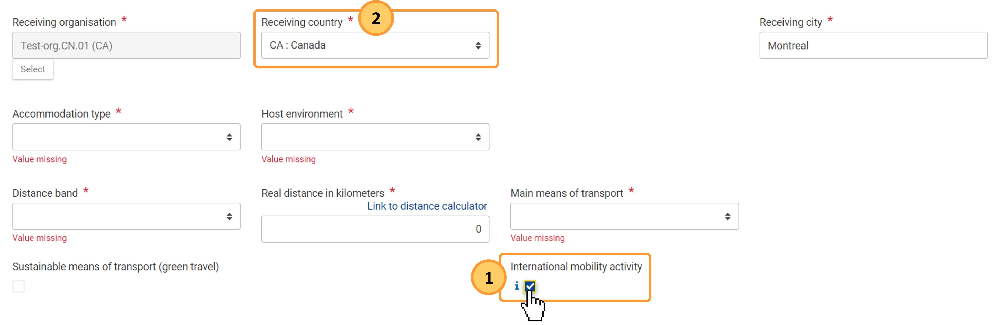 Tick the International mobility activity flag to populate the Receiving country