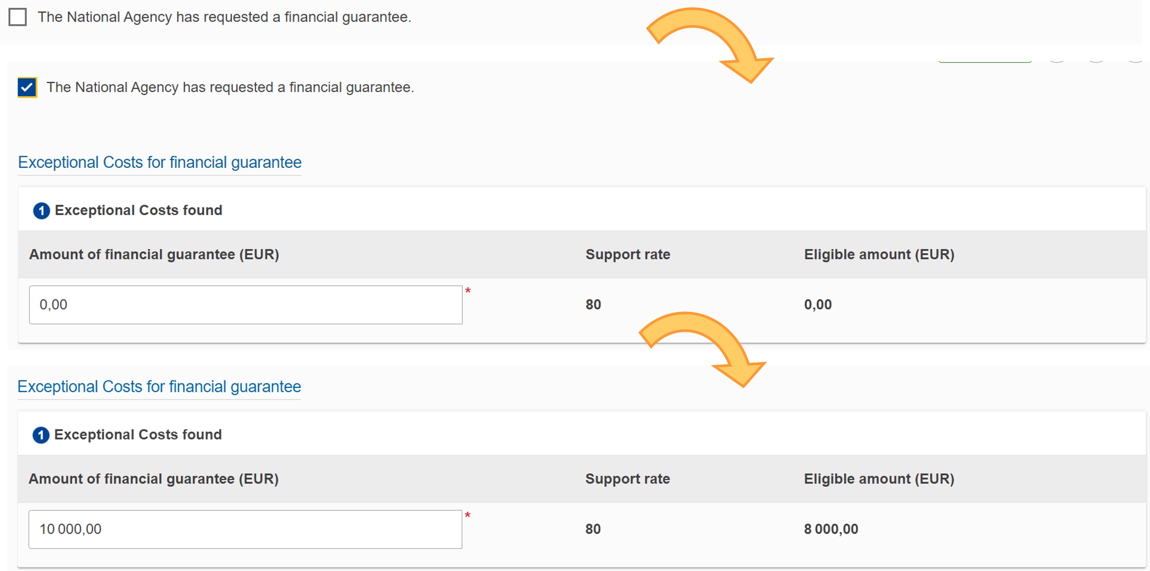 Add Exceptional Costs for guarantee, if required, using the Add a cost button 