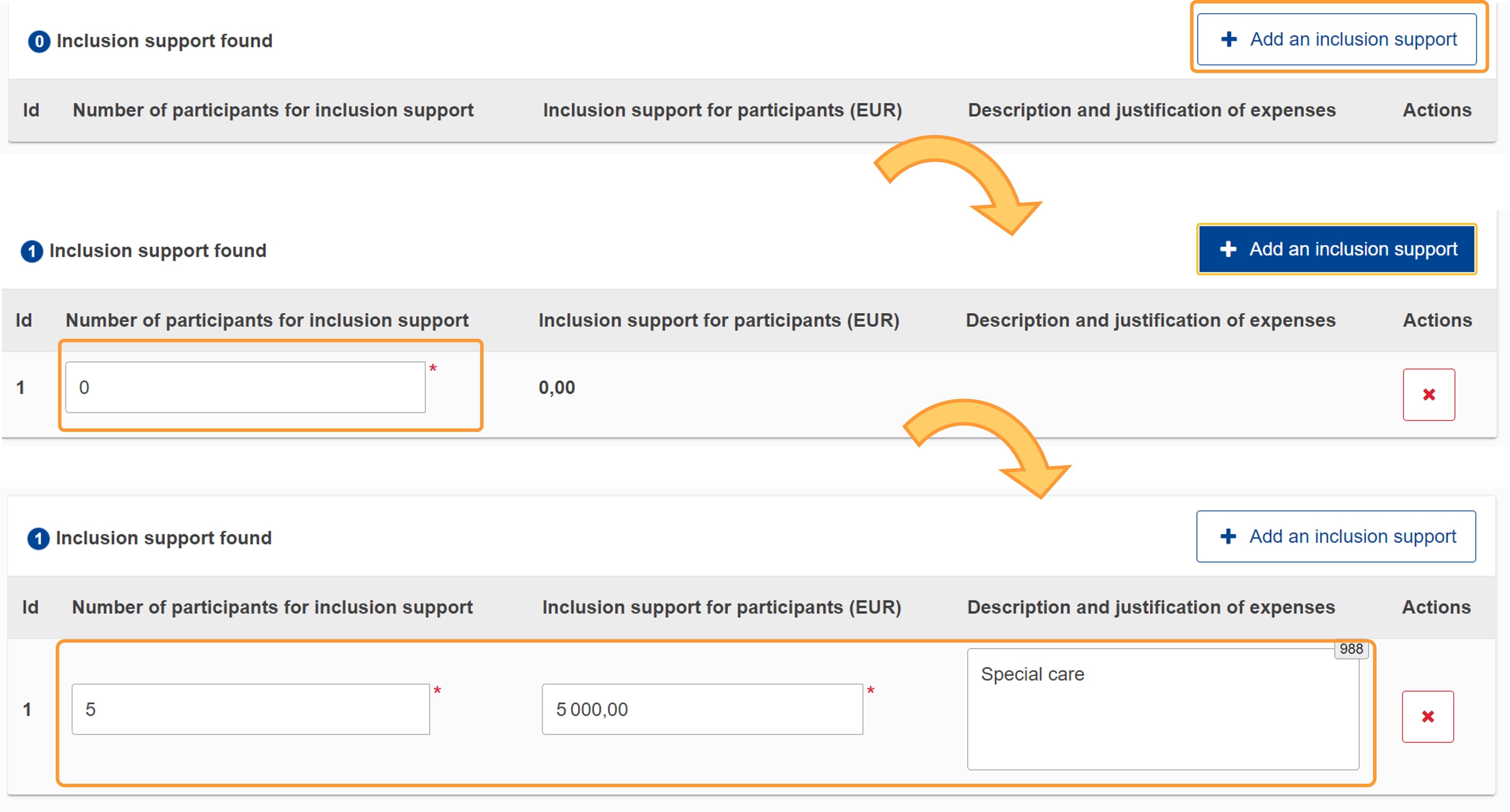 Add Inclusion support for participants using the Add an inclusion support button 