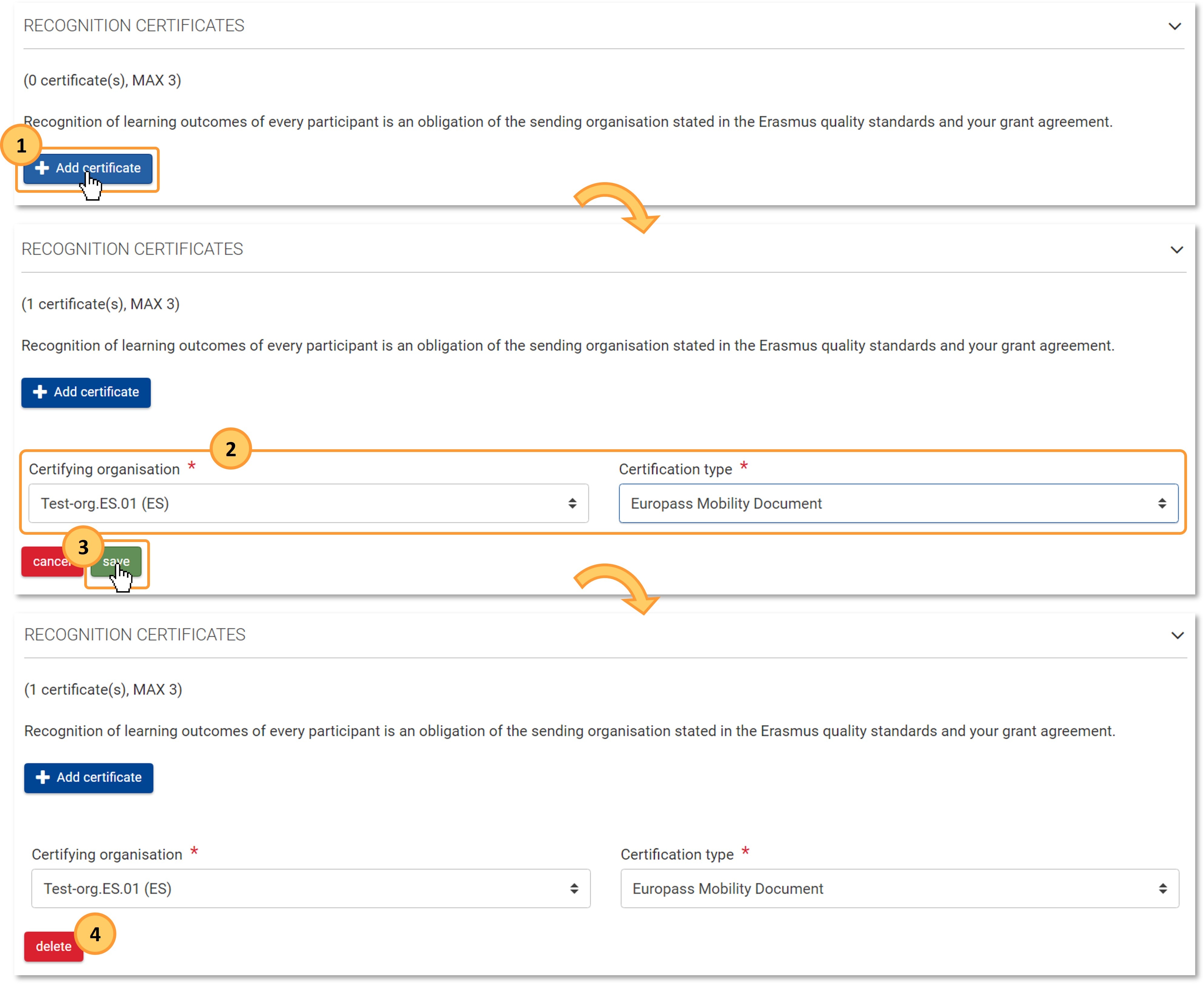 Example of Recognition Certificates section in mobility activity Example of Recognition Certificates section in mobility activity