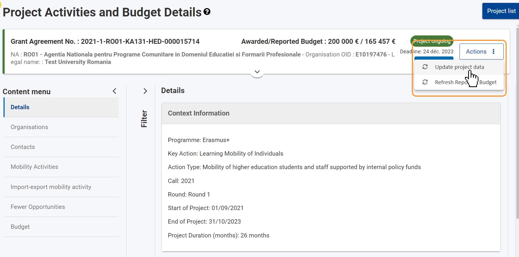 Click on Update project data Click on Update project data