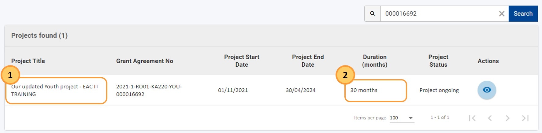 Changes to Project title and duration available in amended project