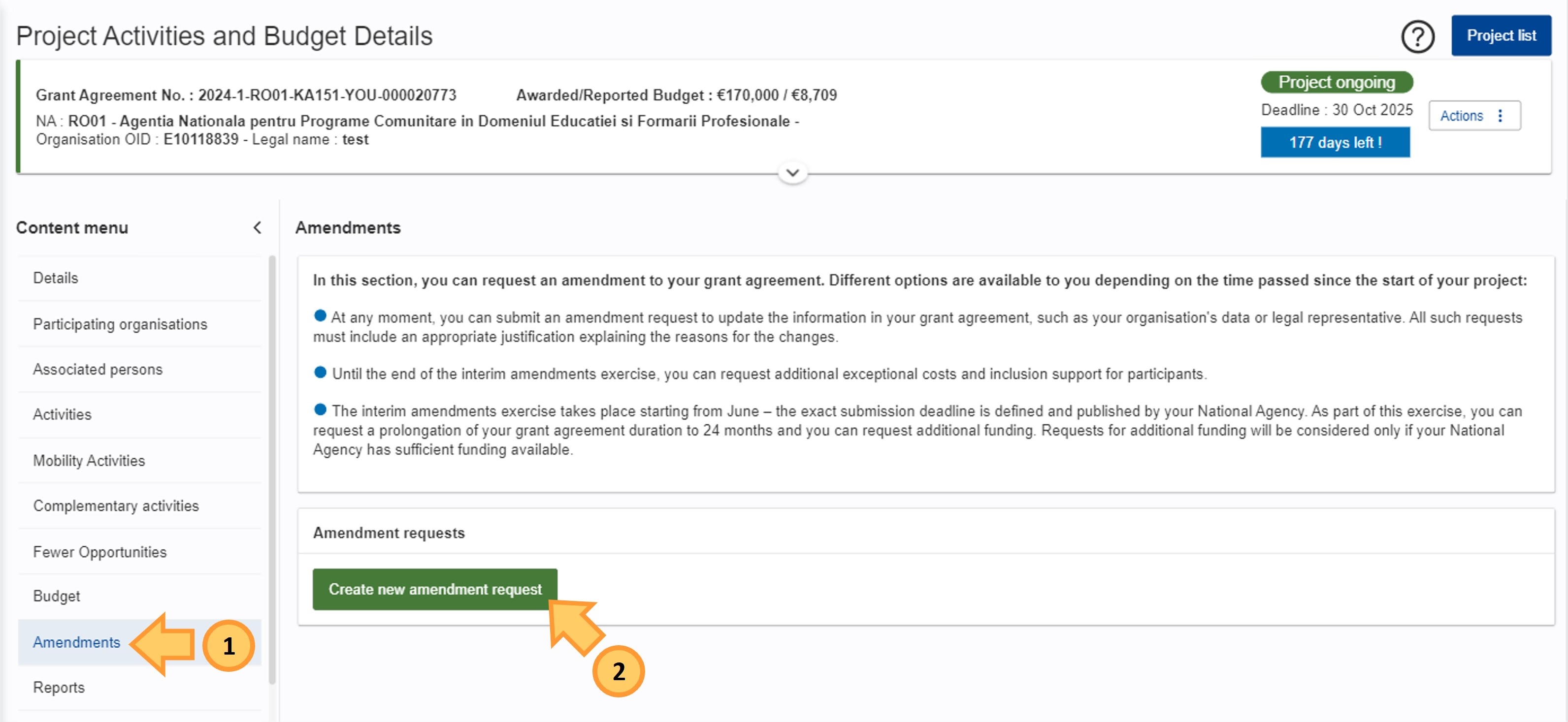 Amendments section, available in KA121 and KA151 projects, lets you create and submit an amendment to the NA