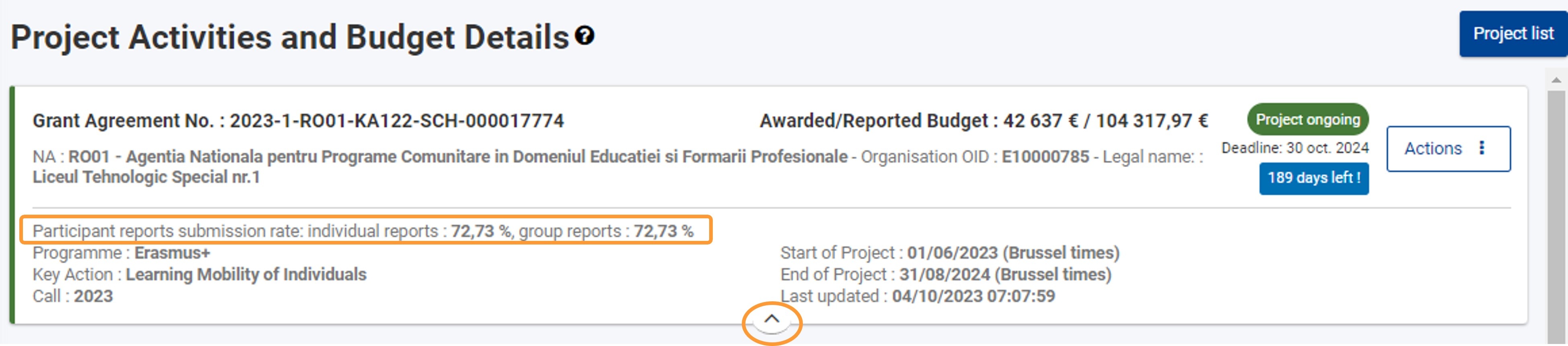 Participant reports submission rate displayed in the expanded header of the project details