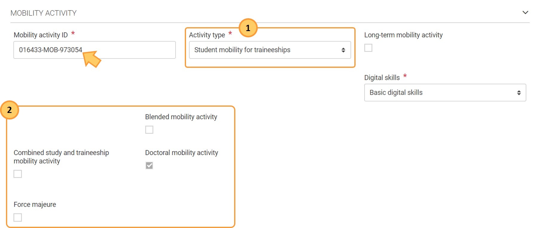 Example of the available activity flags for a Student mobility for studies mobility activity