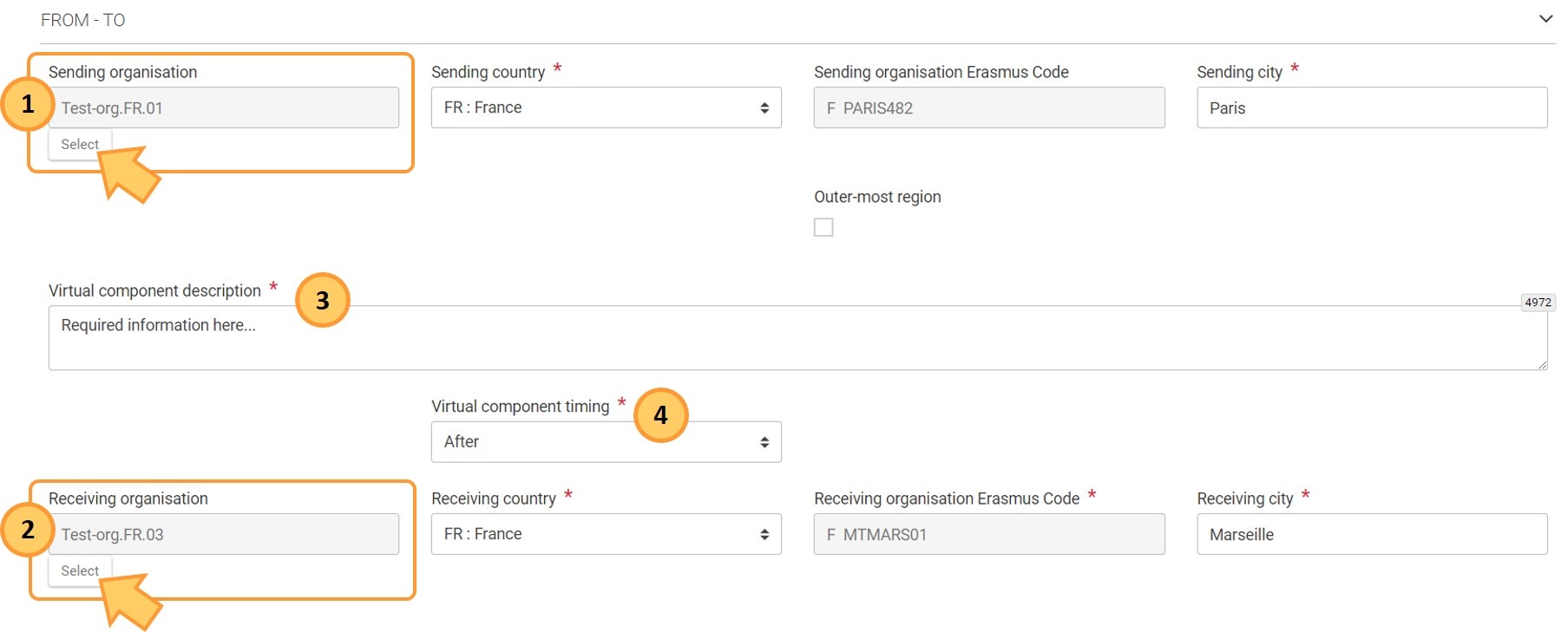 Select the Sending and Receiving organisation
