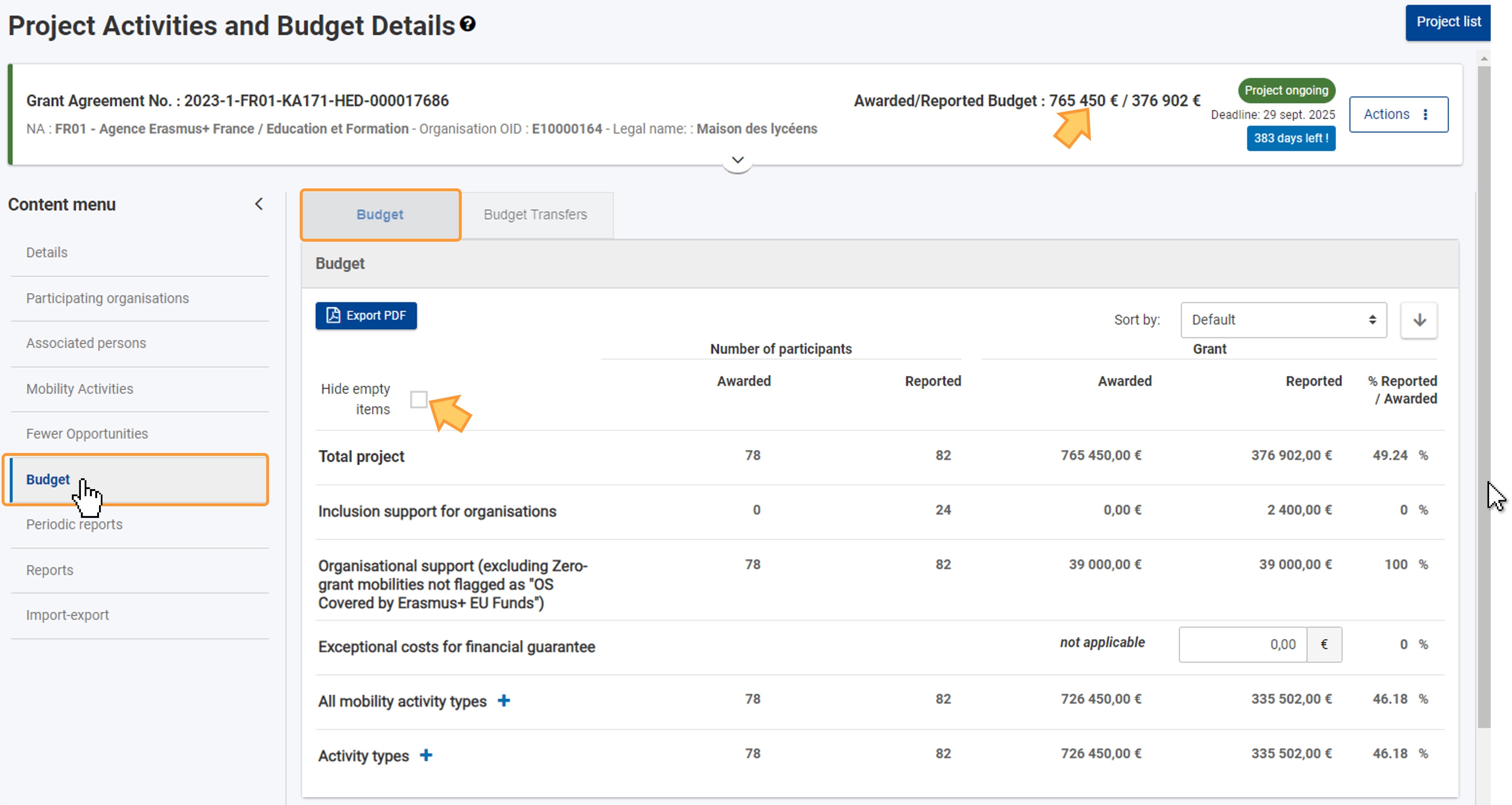 Budget in Project Details Budget in Project Details