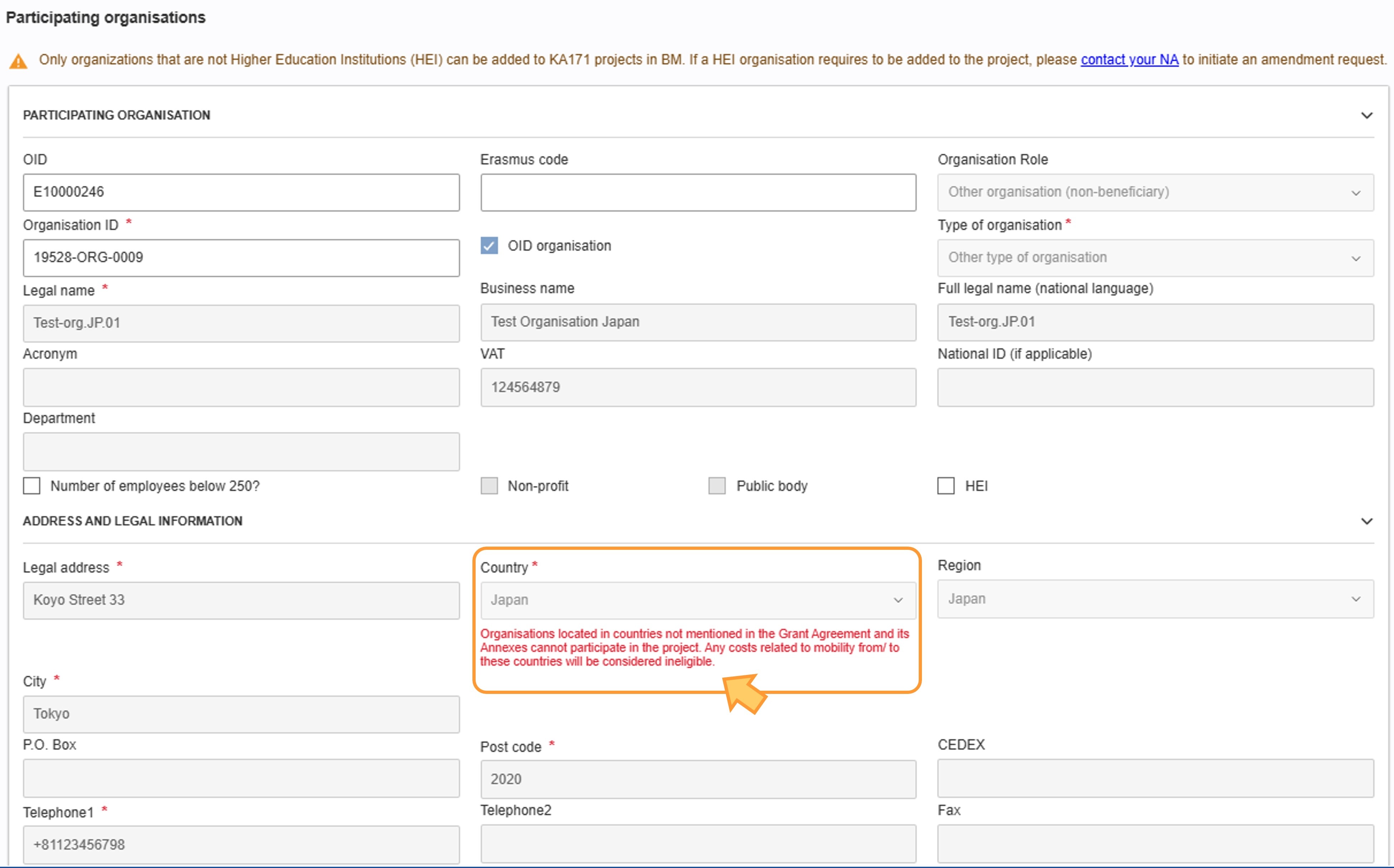 Organisations not belonging to regions as per grant agreement cannot be added