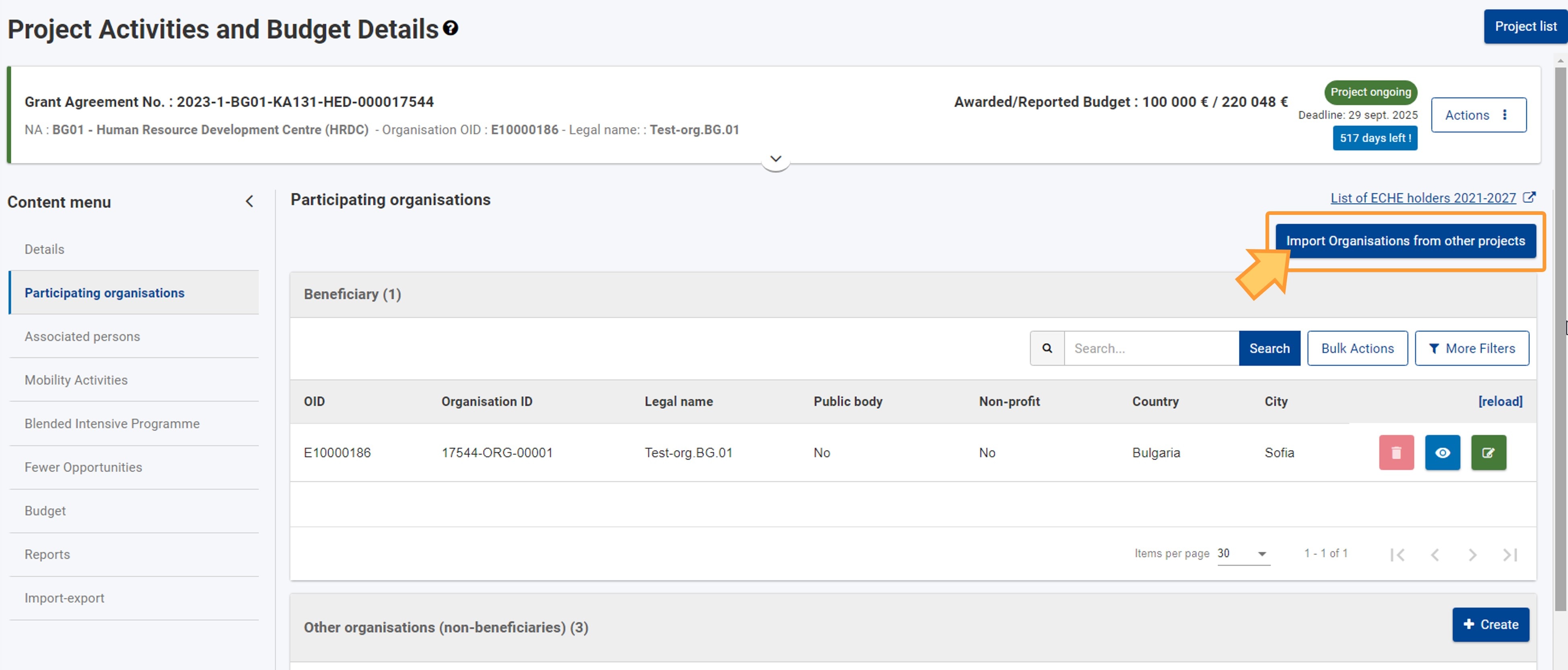Import Organisations from other projects functionality available in KA131 projects