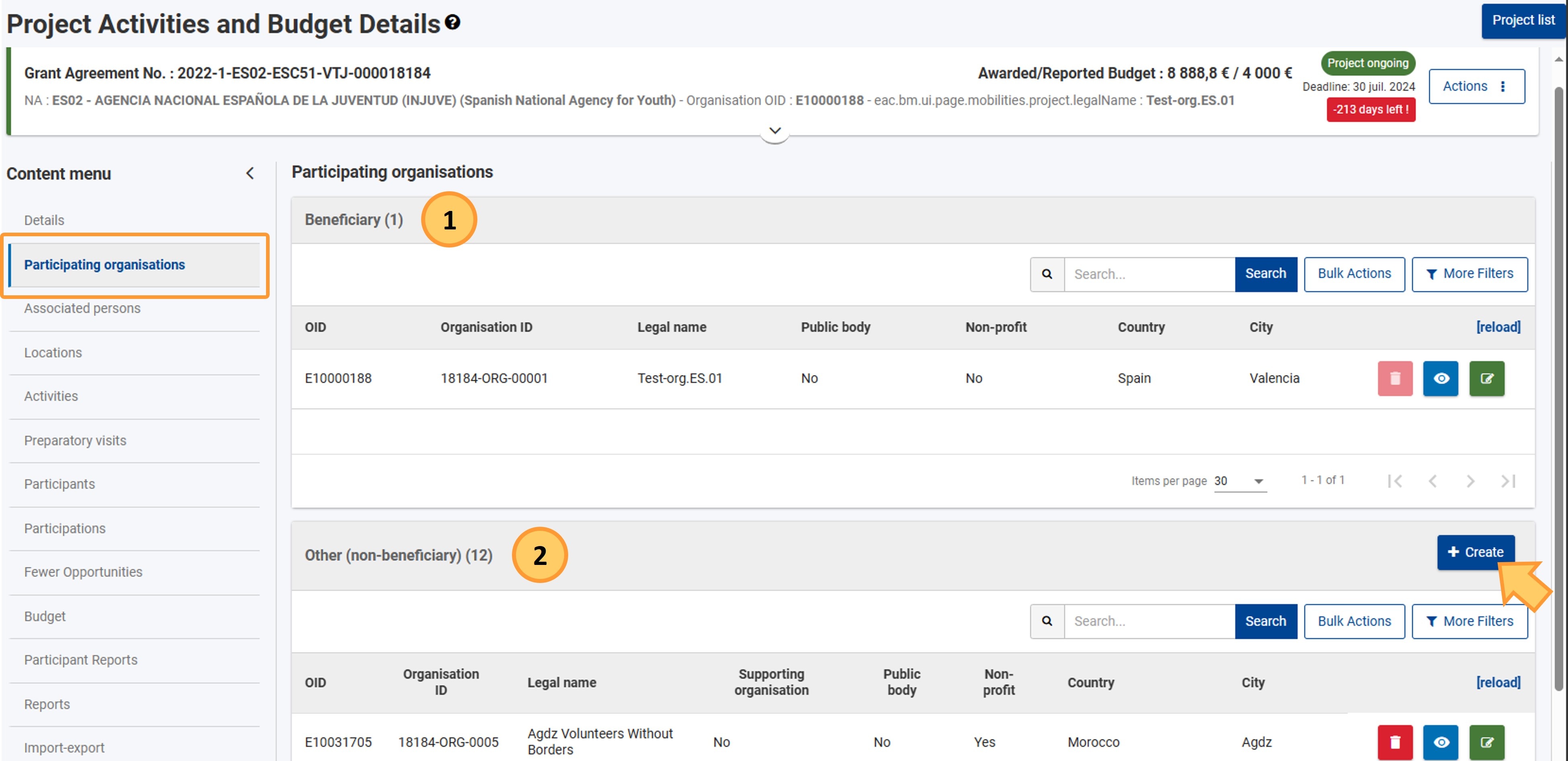 Participating Organisations screen showing Beneficiary info and option to add Other organisations