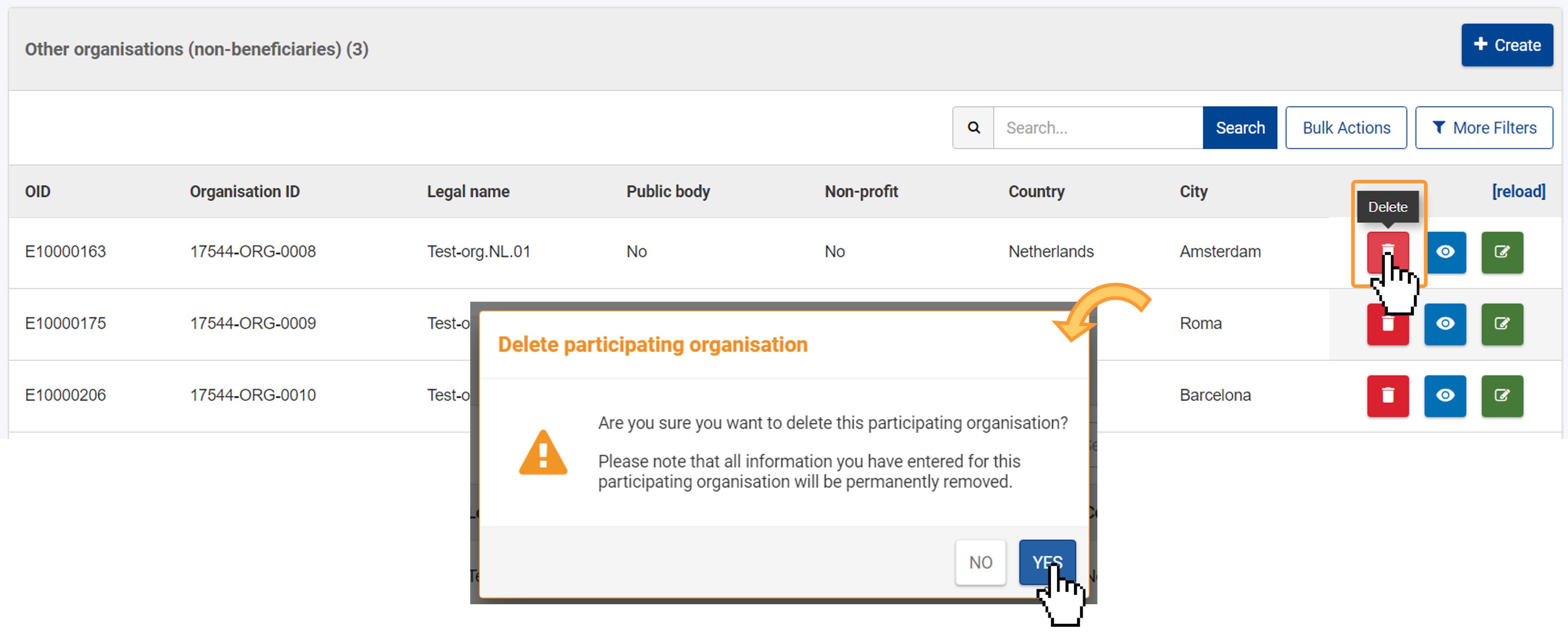 Delete an organisation from the project