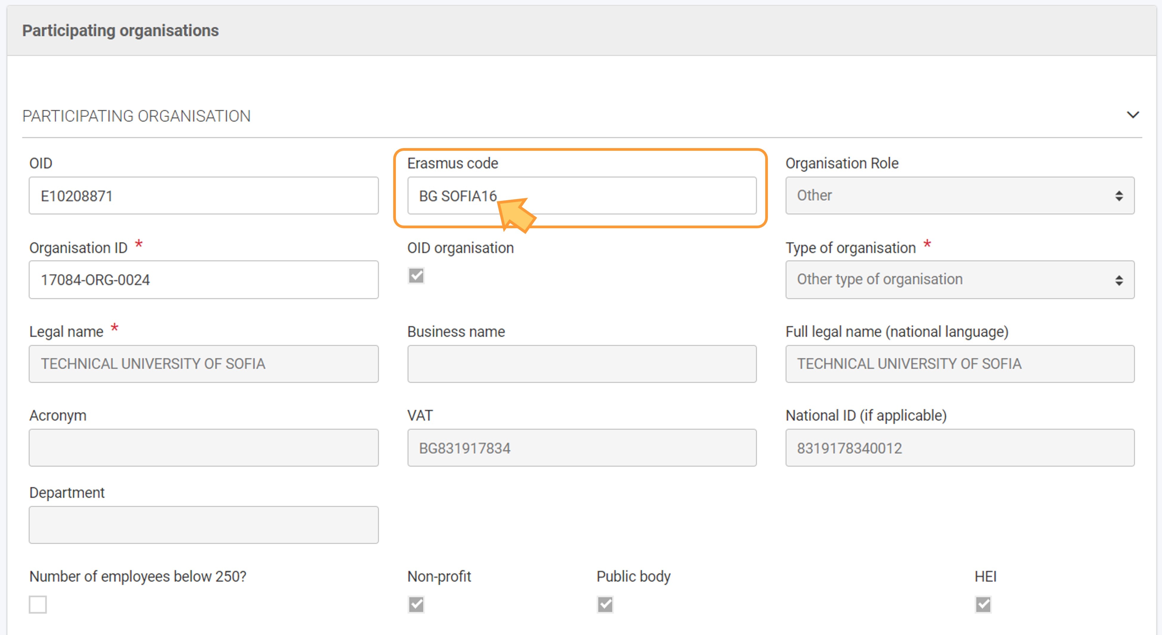 In HED projects, use the Erasmus Code to add an organisation
