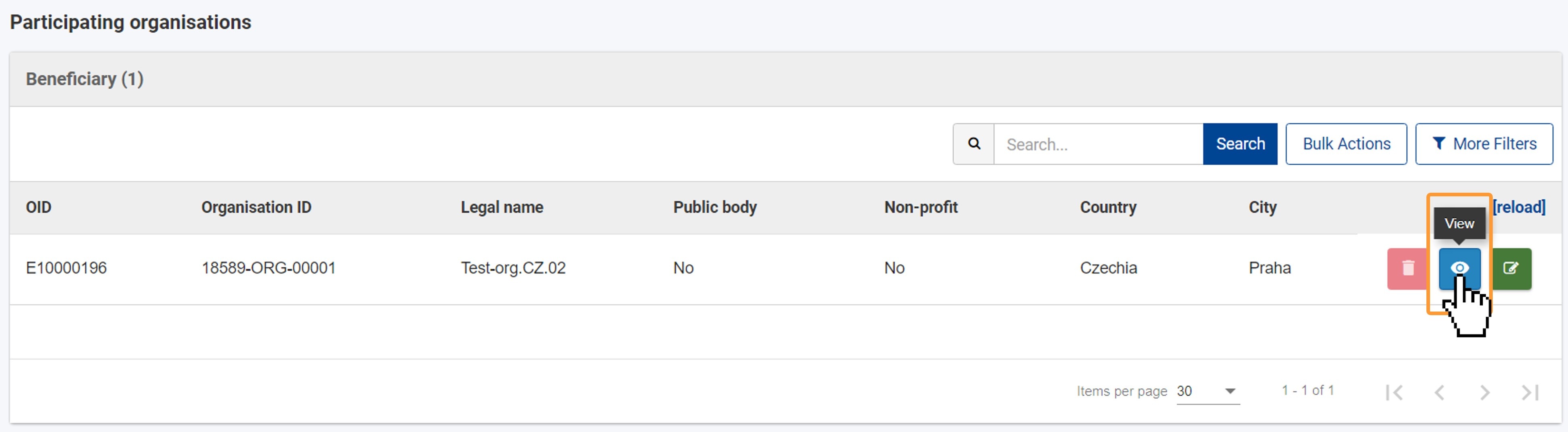 To view the details of an organisation in your project, click on the View (eye) icon in the Actions column