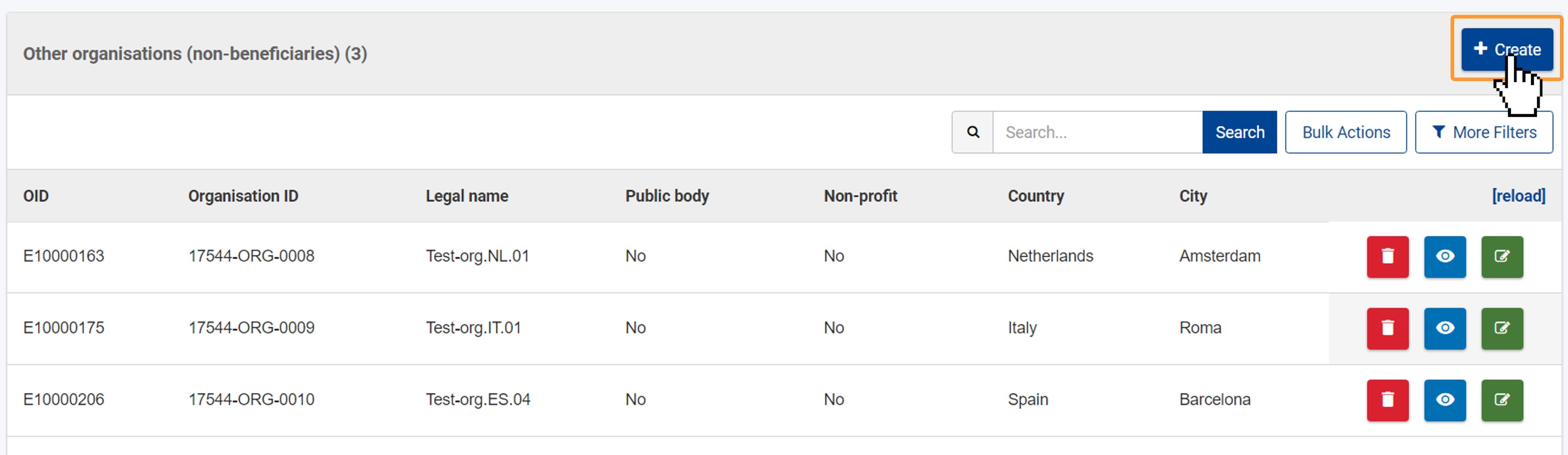 The Create button is active if additional participating organisations can be added to the project