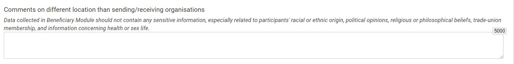 Comments on different location than Sending organisation Comments on different location than Sending organisation