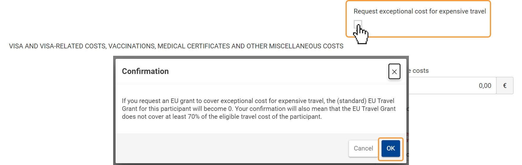 Request Exceptional costs for expensive travel flag
