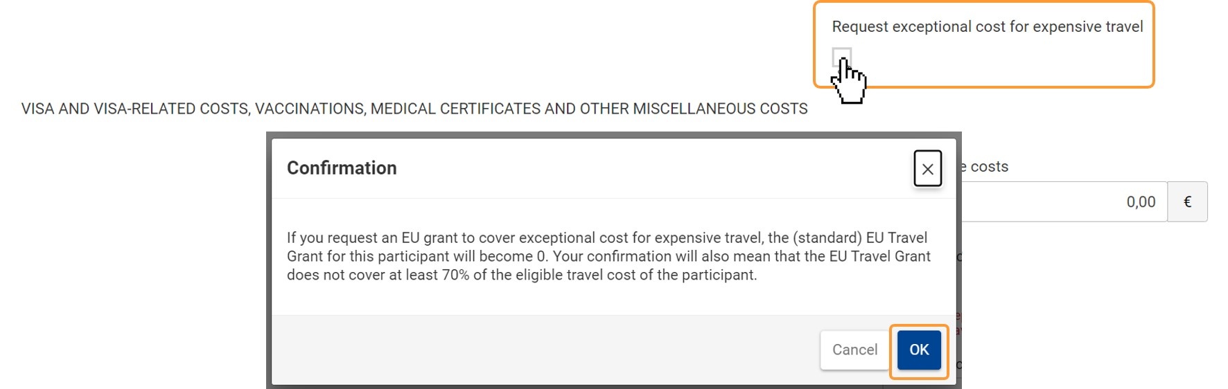 Request Exceptional costs for expensive travel flag Request Exceptional costs for expensive travel flag