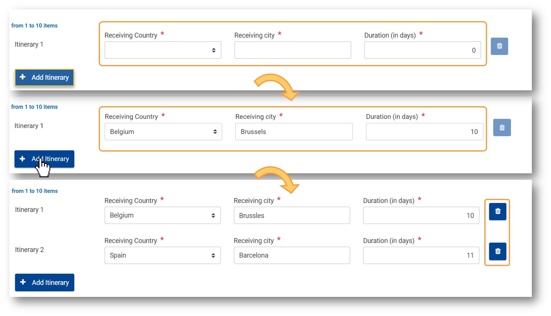 Fill in the Receiving city and provide the Duration (in days) Fill in the Receiving city and provide the Duration (in days)