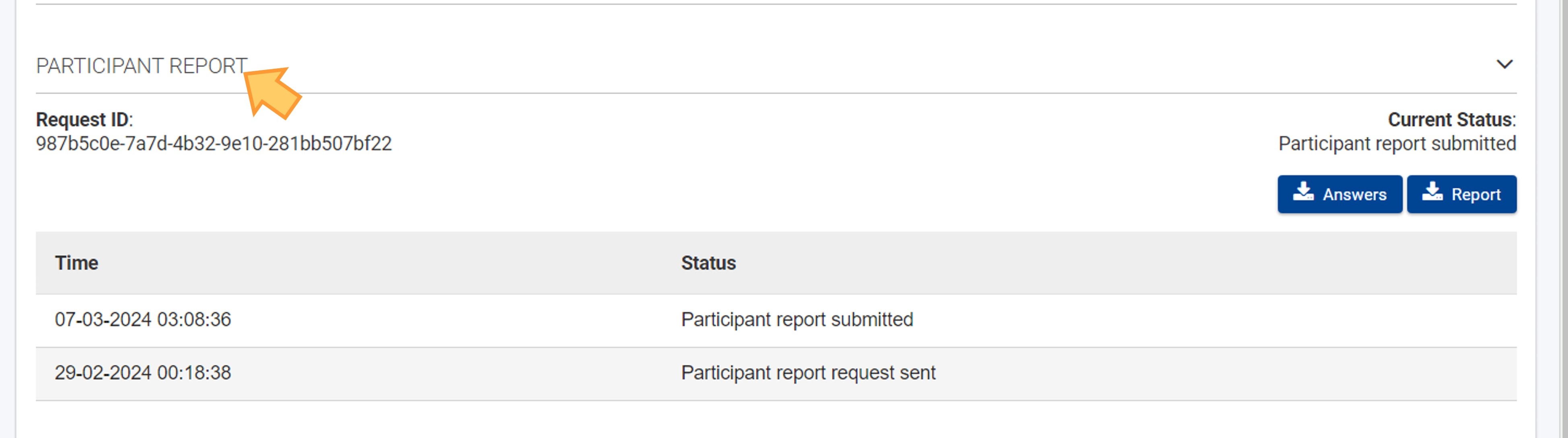 Example of Participant Report section where the initial email notification was sent