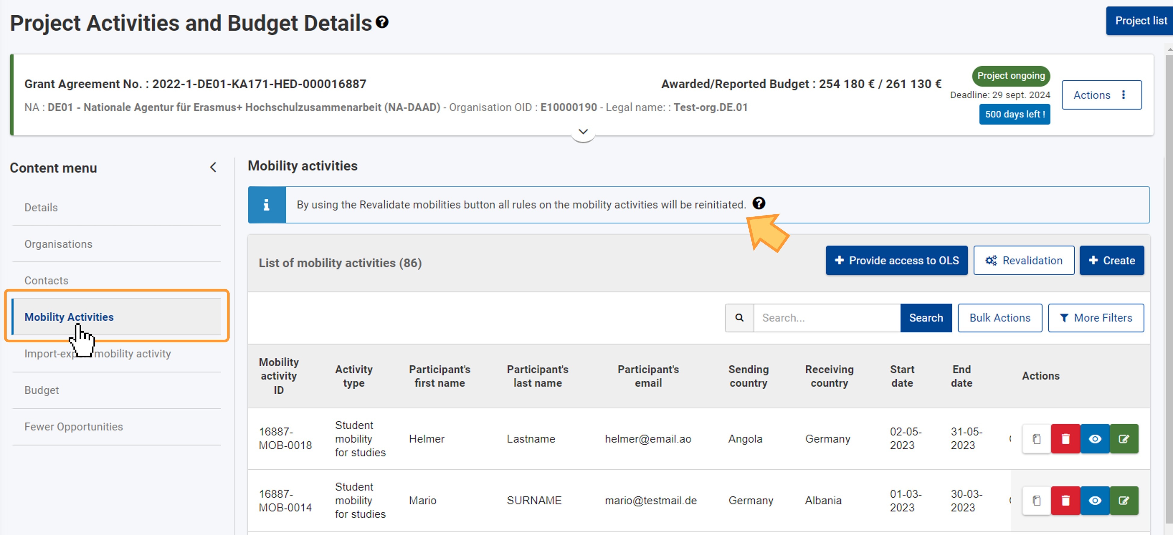 Access the list of mobility activities by selecting Mobility Activities from the Content menu