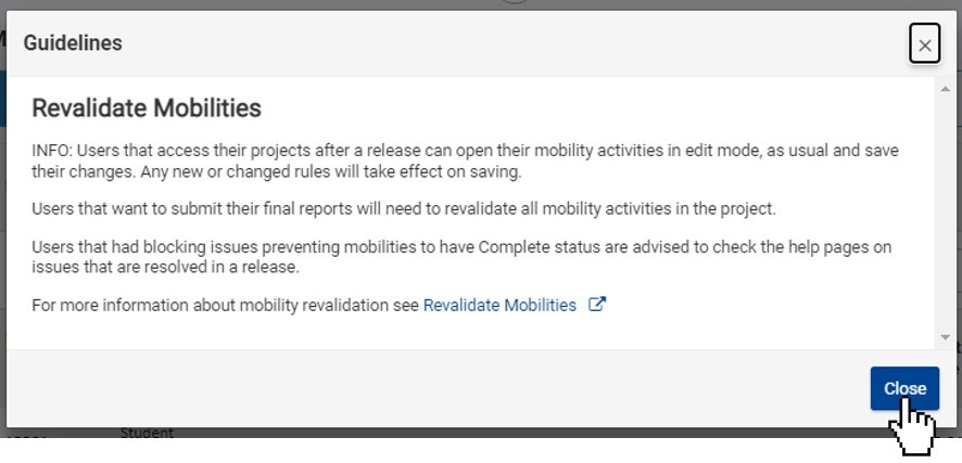 Revalidation of mobilities guidelines pop-up