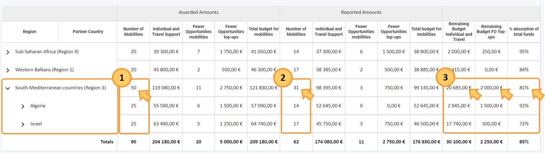 Example analysis - Details of per region and partner country in a call 2022 project