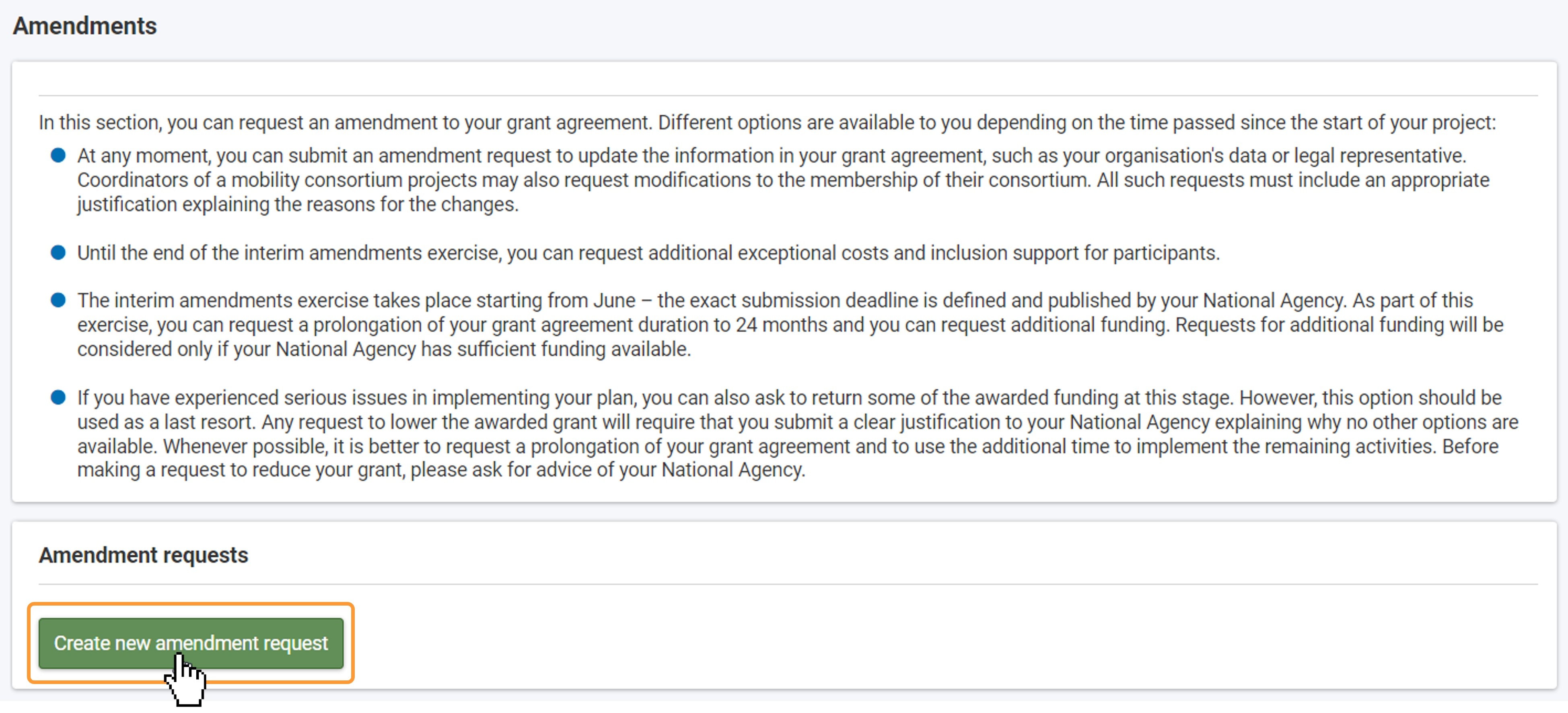 Click on Create new amendment request