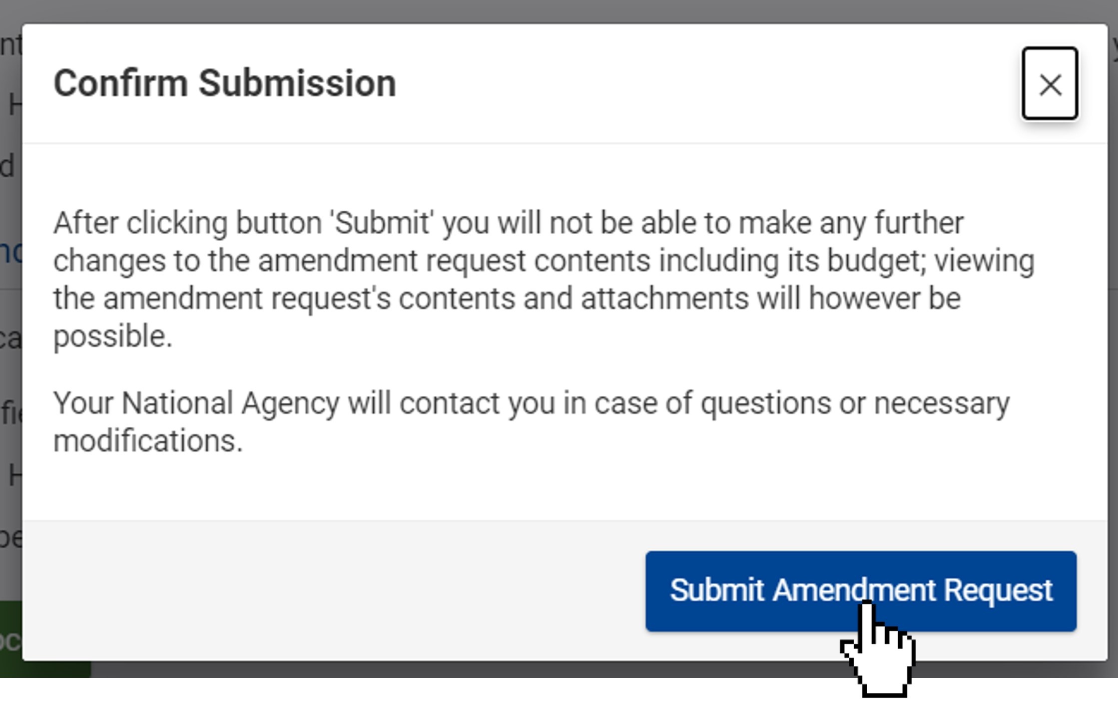 Confirm the submission of the amendment request