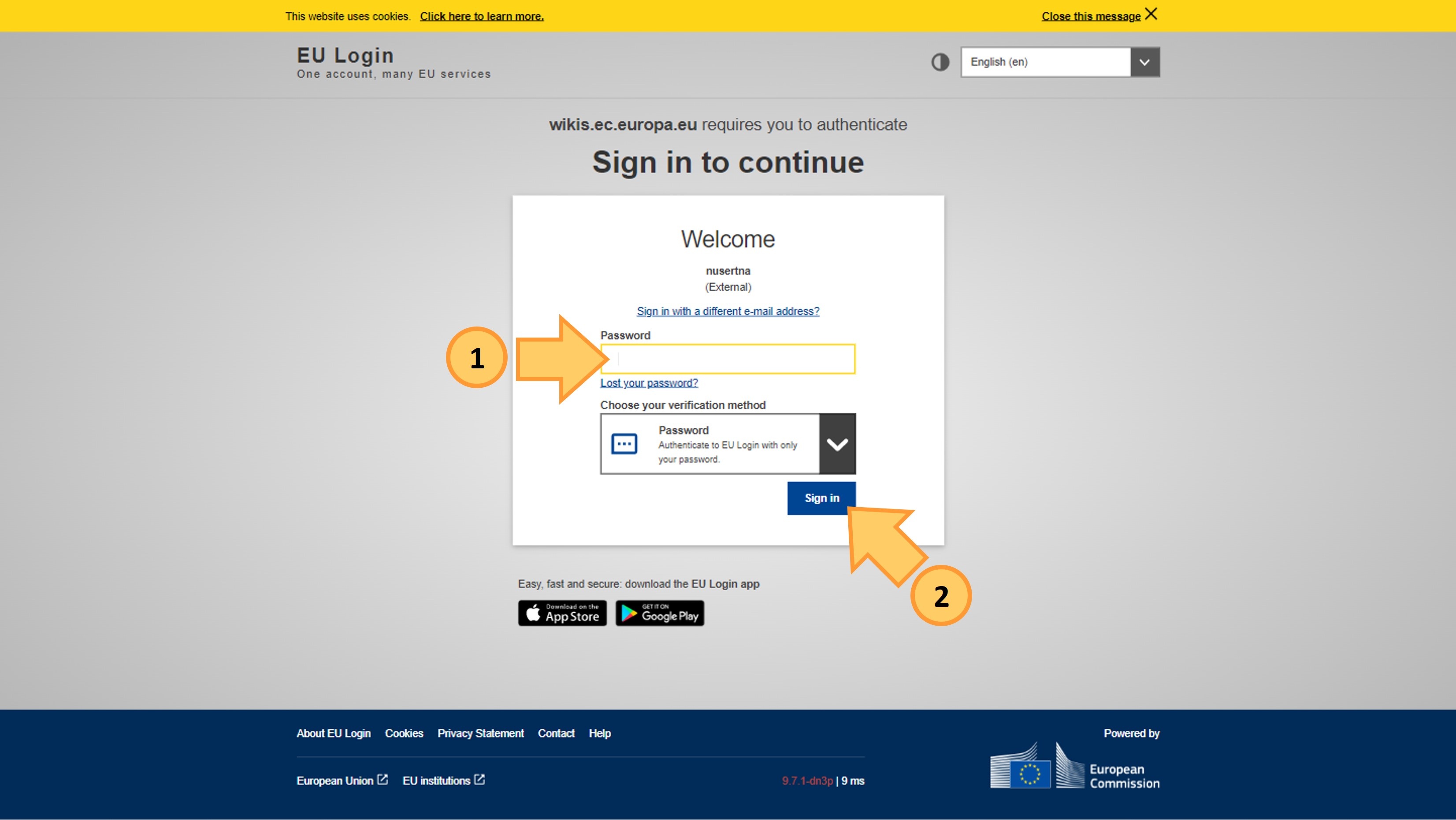 EU Login password landing page.