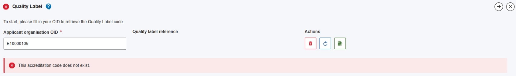 No valid Quality Label linked to the specified Organisation ID