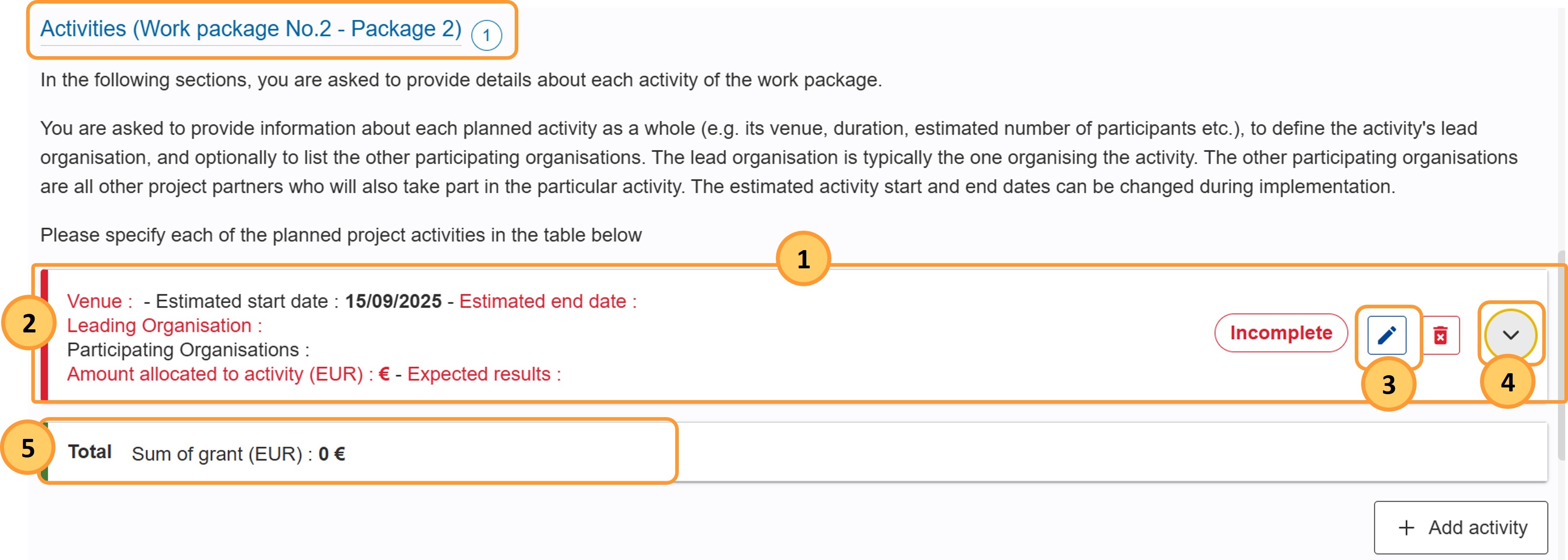 Activities section main elements