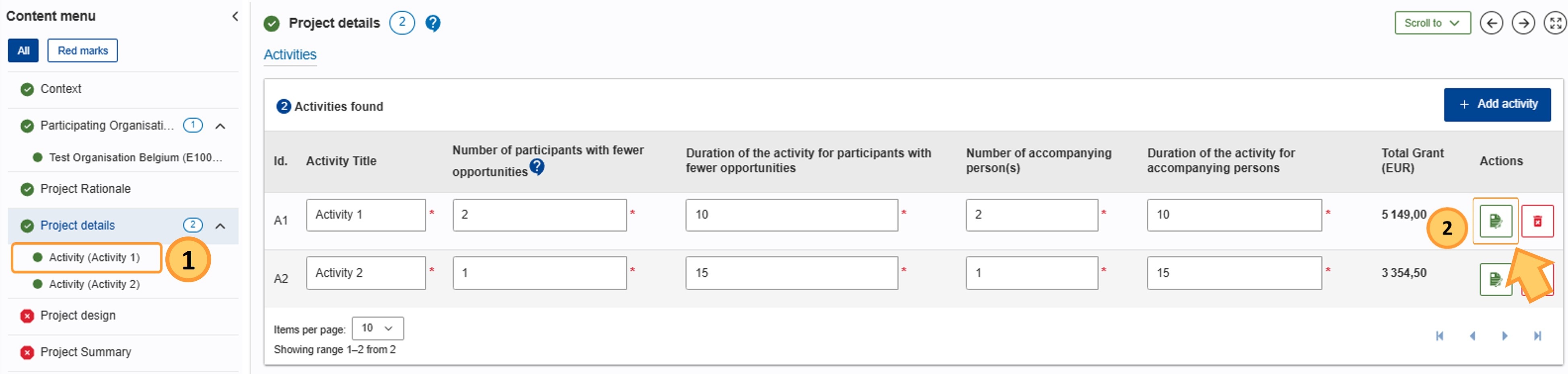 Options to open the activity budget details
