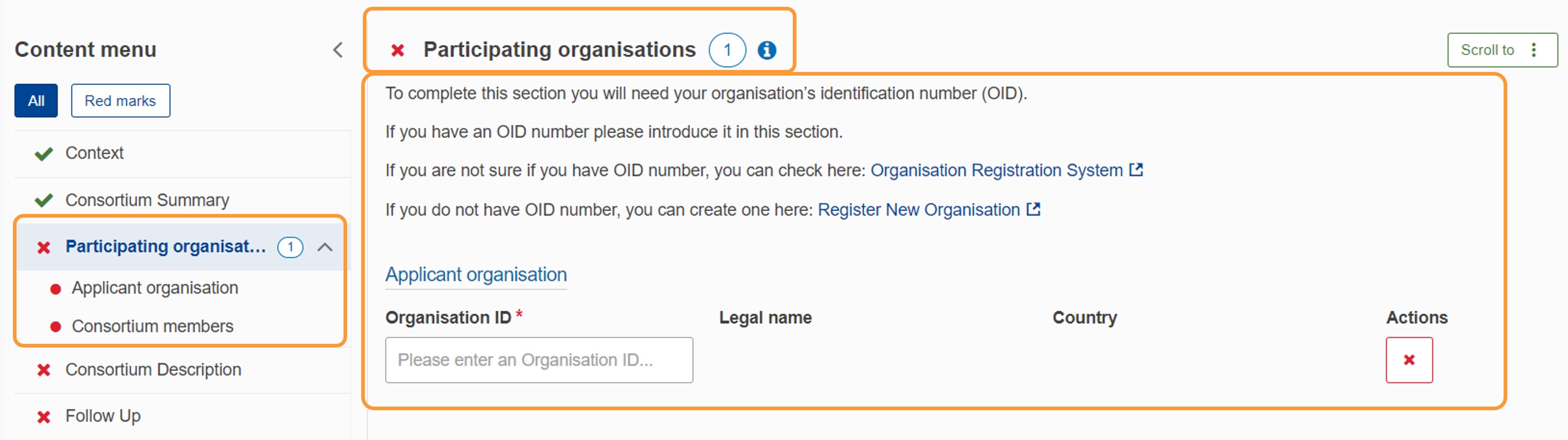 Participating organisations screen - Example from KA130-HED