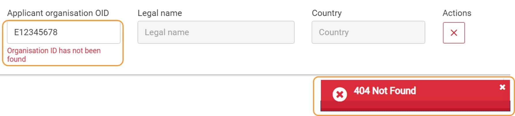 Invalid organisation ID entered