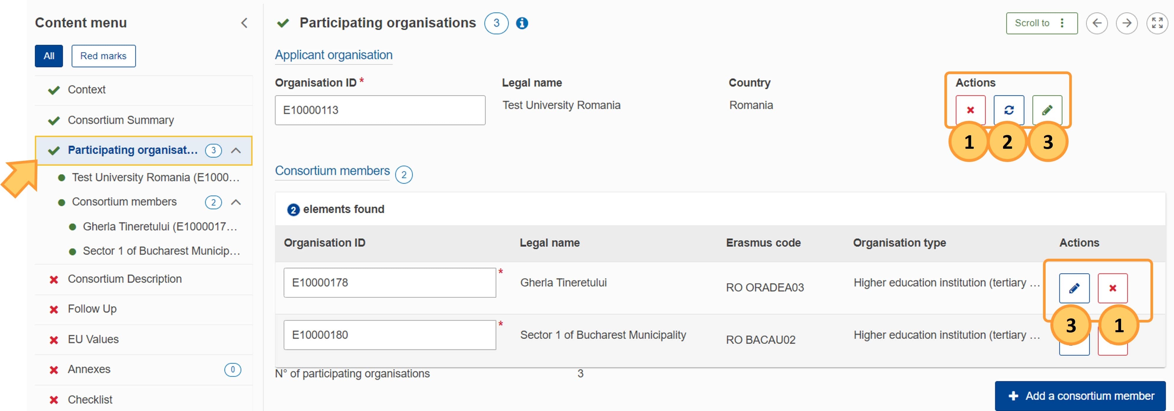 Delete, Refresh, Edit organisation details - example from KA130-HED