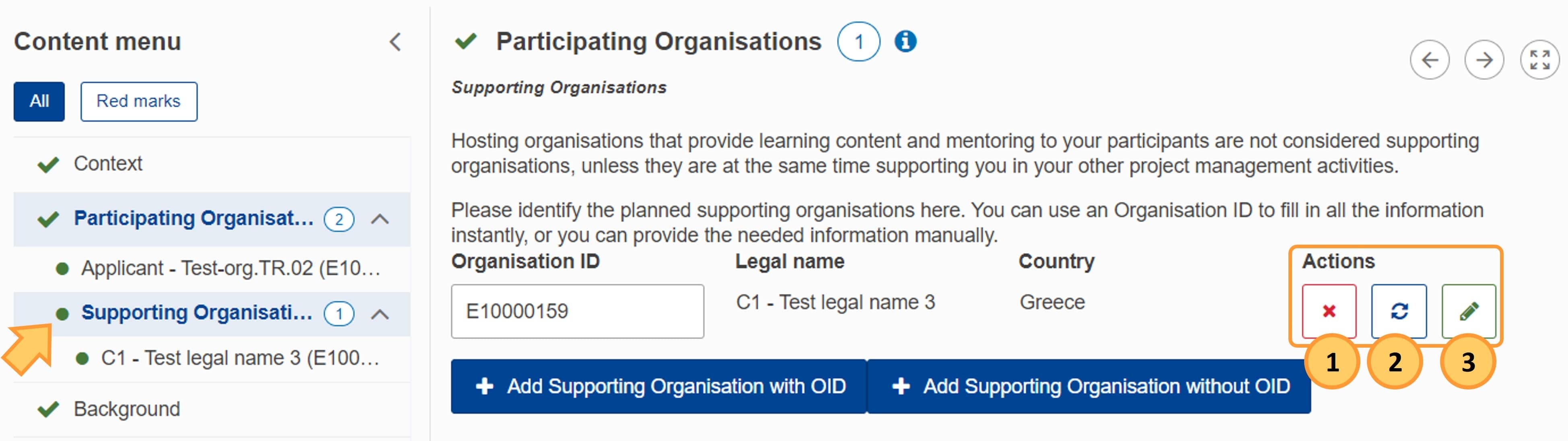 Delete, Refresh, Edit organisation details - example from KA122