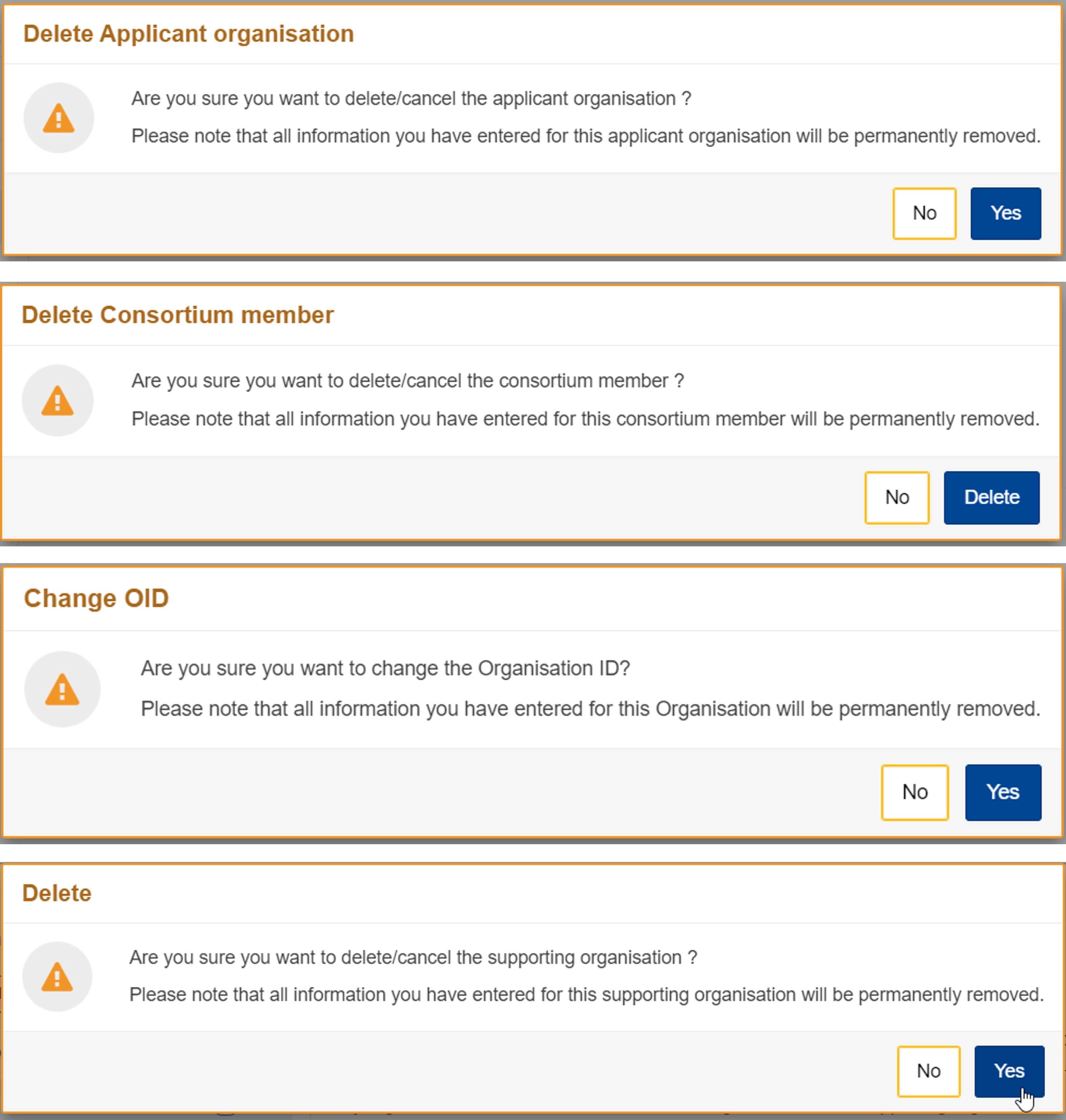 Remove organisation from application