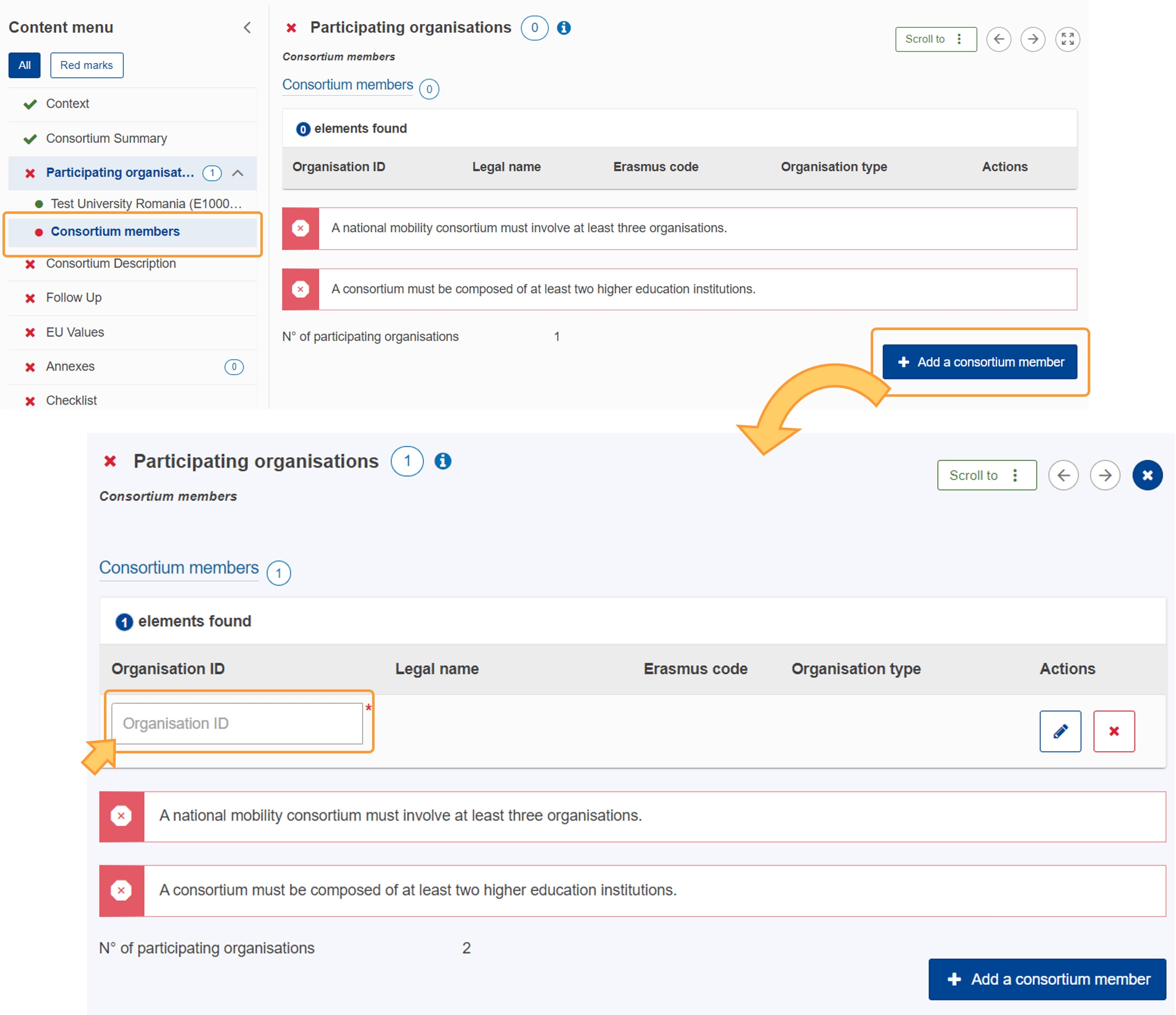 Add a consortium member - example from KA130-HED