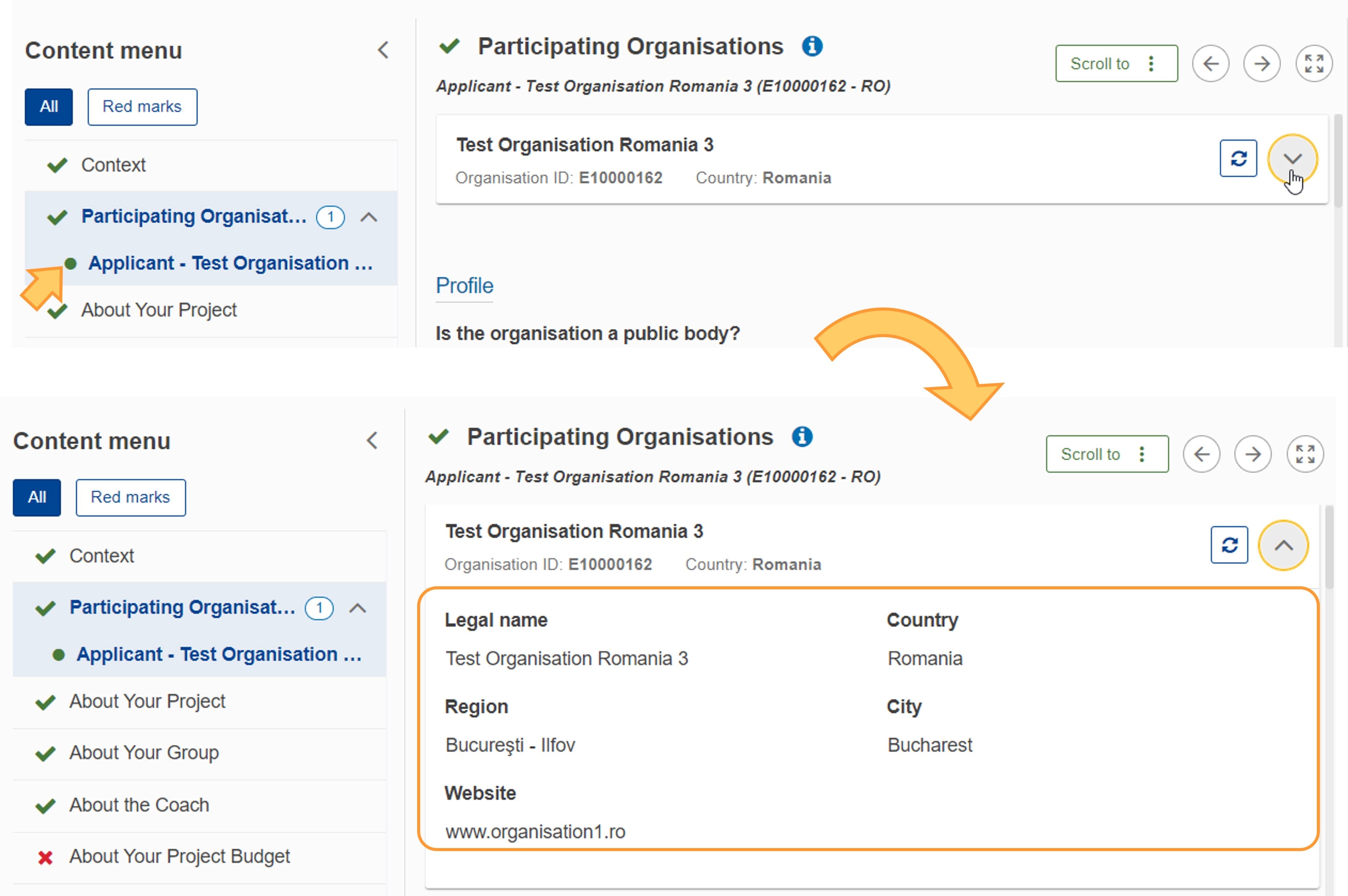 Expand organisation details card - Example from ESC30-SOL