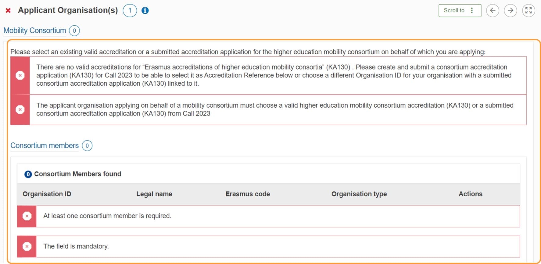 KA171-HED Error messages when trying to apply for a consortium which is not accredited