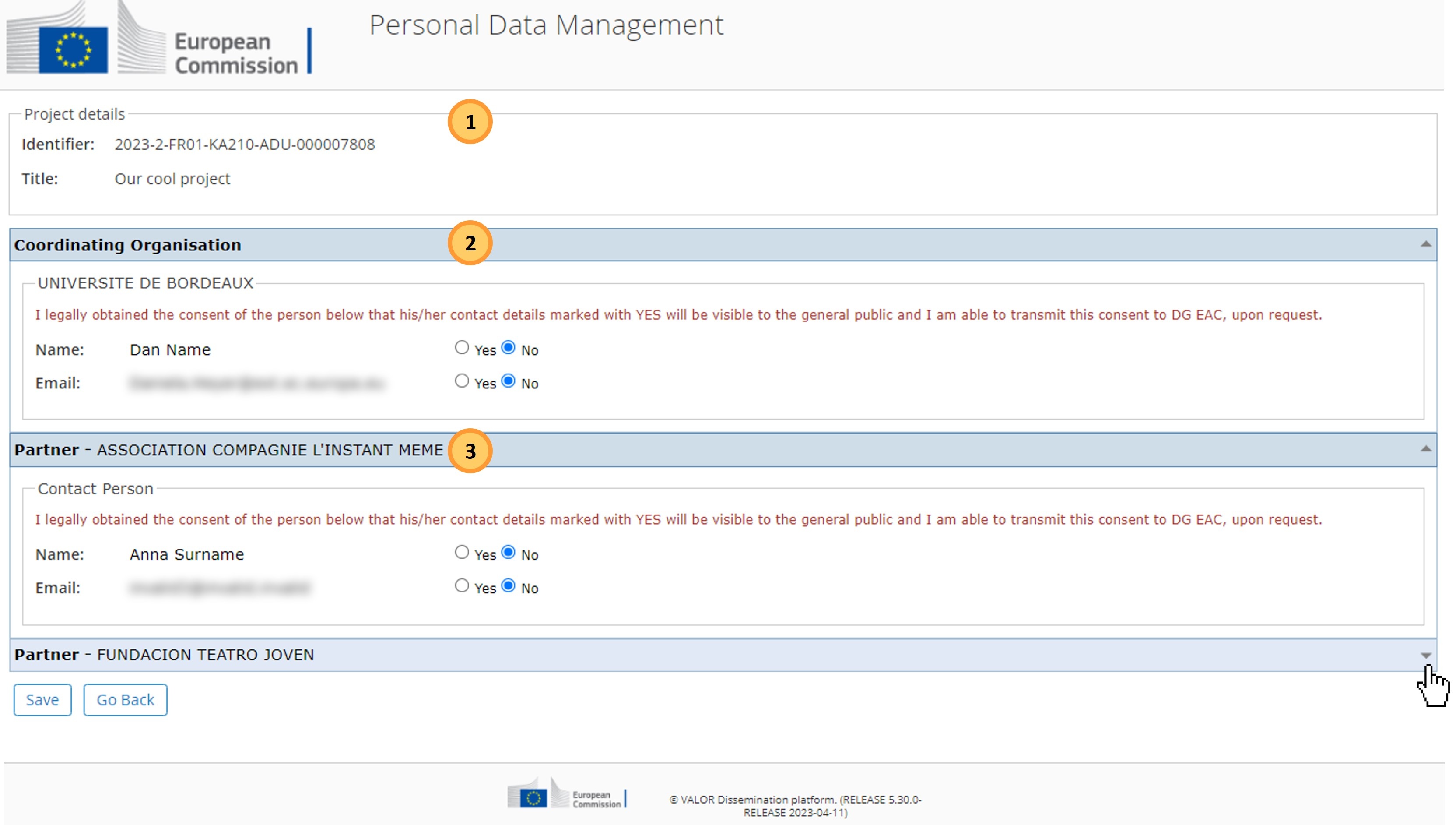 Personal Data Management screen opens