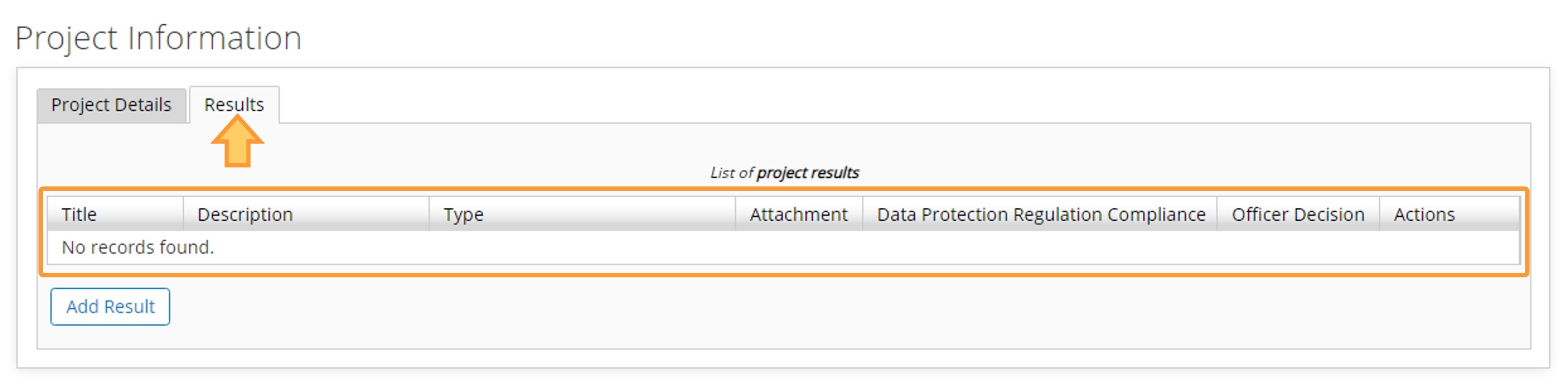 Project Results tab