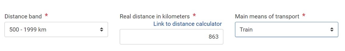 Distance band, Real distance in km and Main means of transport