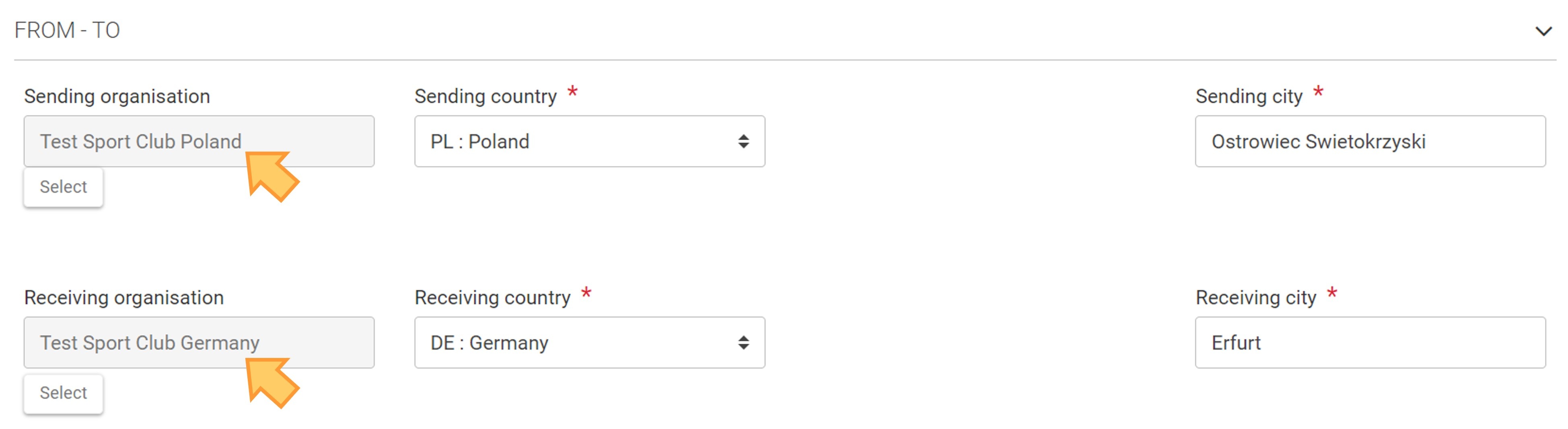 Select the Sending and Receiving organisation