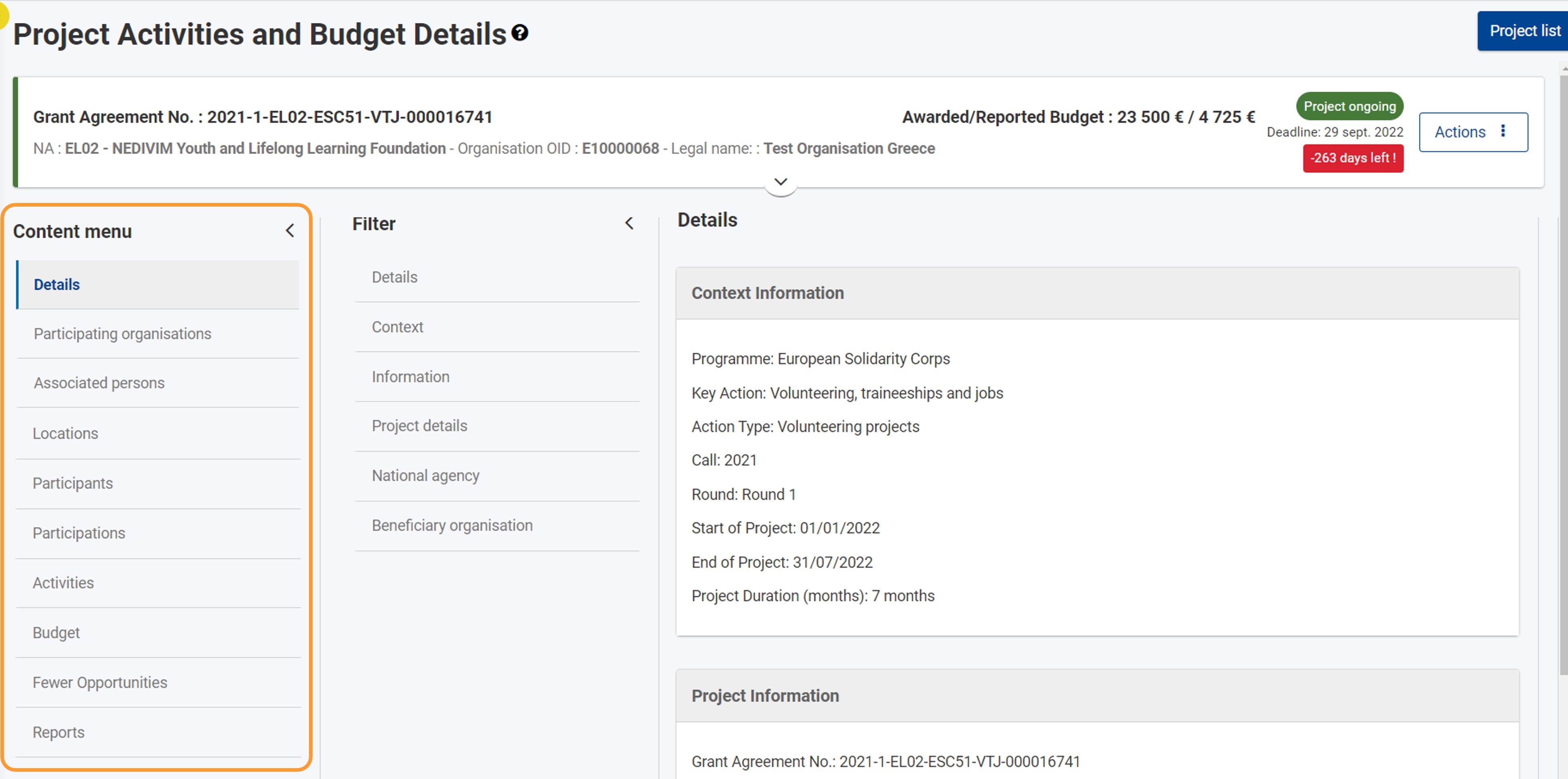 ESC51, call 2021 project, Details selected in the Content menu ESC51, call 2021 project, Details selected in the Content menu