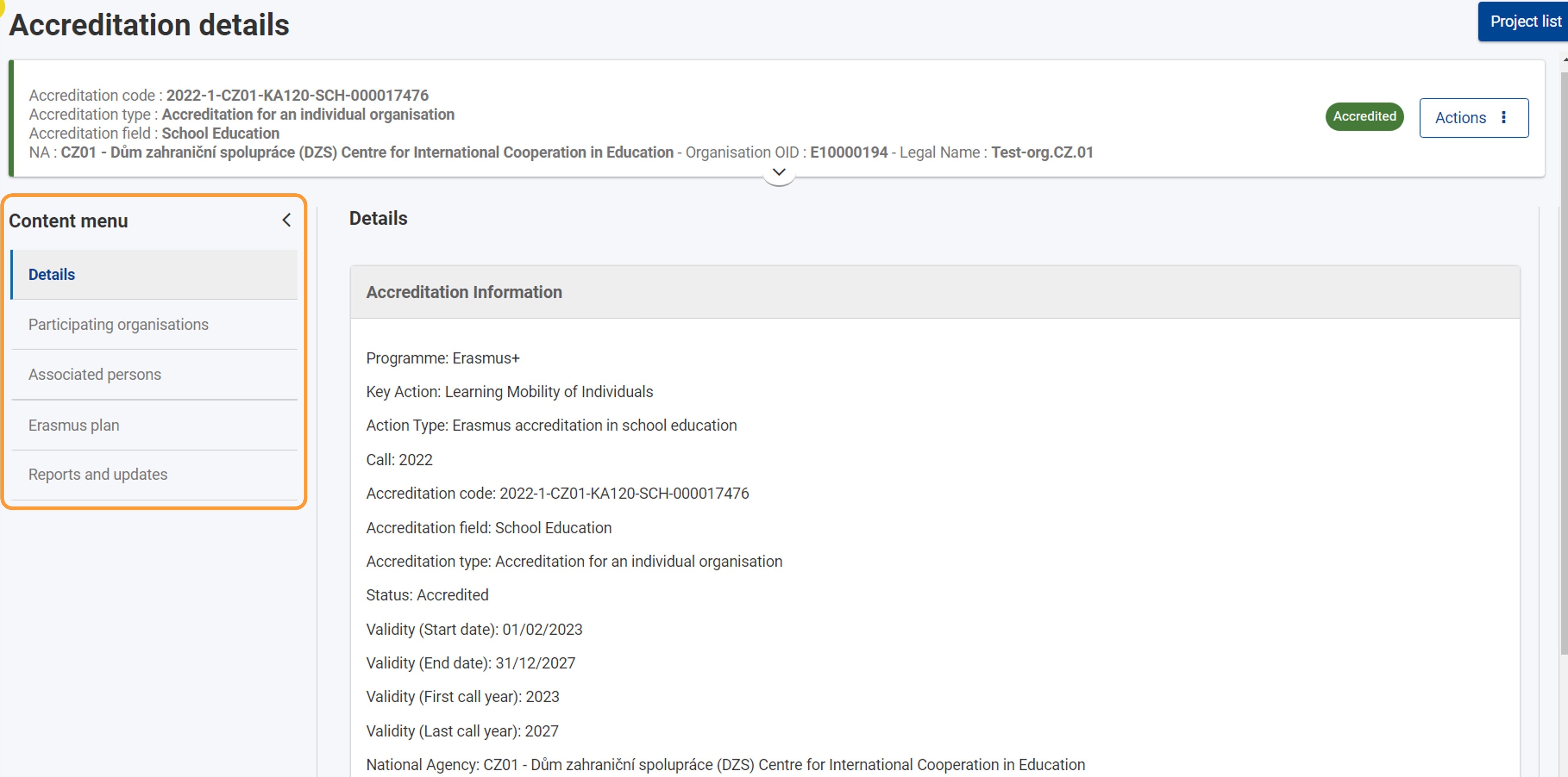 KA120, call 2022, Accreditation, Details selected in the Content menu KA120, call 2022, Accreditation, Details selected in the Content menu